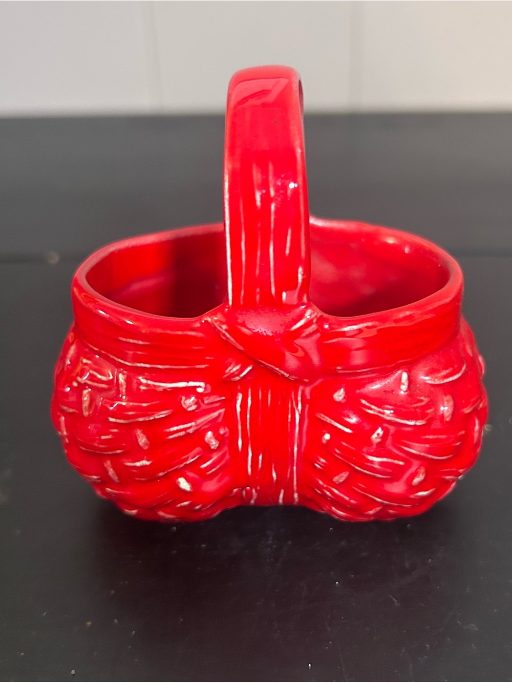 Vintage Red Ceramic Basket Planter Candy Dish Woven Handled
